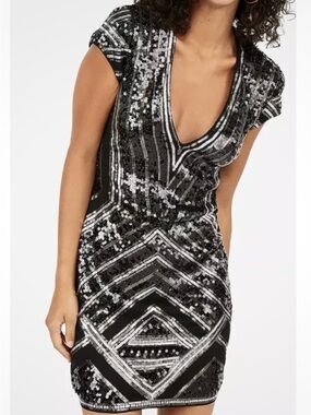 Express Black Silver Sequin Geometric Glamour Mini Cocktail Evening Dress XL